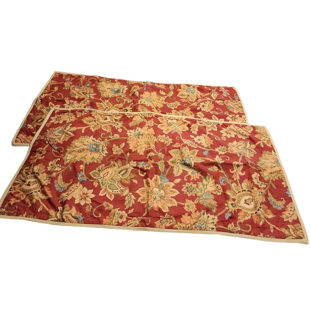 Chaps Home Annabelle Pillow Shams (2) King Size Red Jacobean Floral w/Tan Cord
